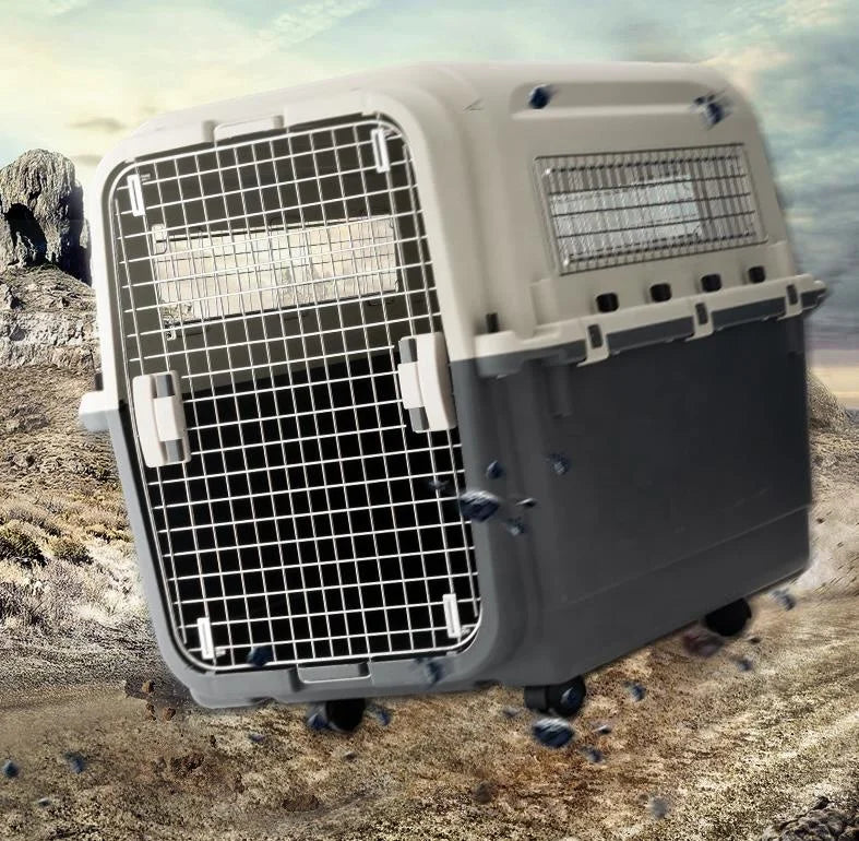 IATA Airline Kennels Luxury Large Kennel on Wheel Dog Cat Crate Carrier Approved Plastic Pet Travel Solid Grey & White 7-15 Days