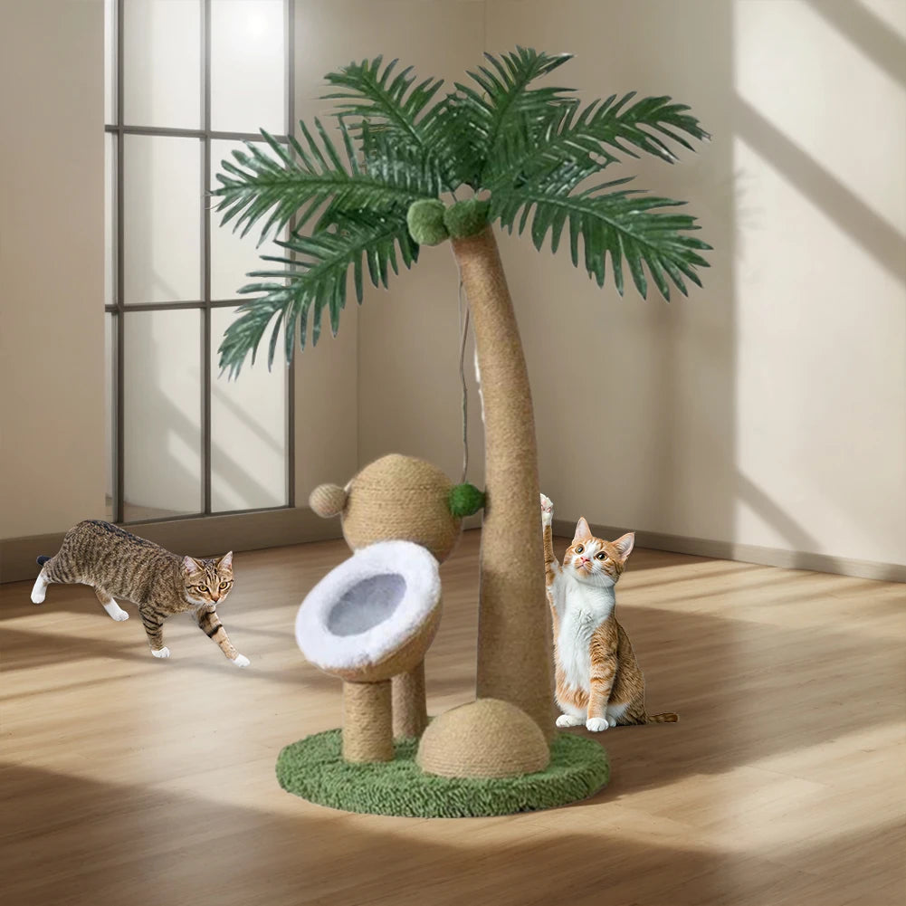 Coconut Tree Cat Scratching Post Interactive Cat Claw Sharpener 28 Inch Natural Sisal Rope Cat Tree for Indoor Cats