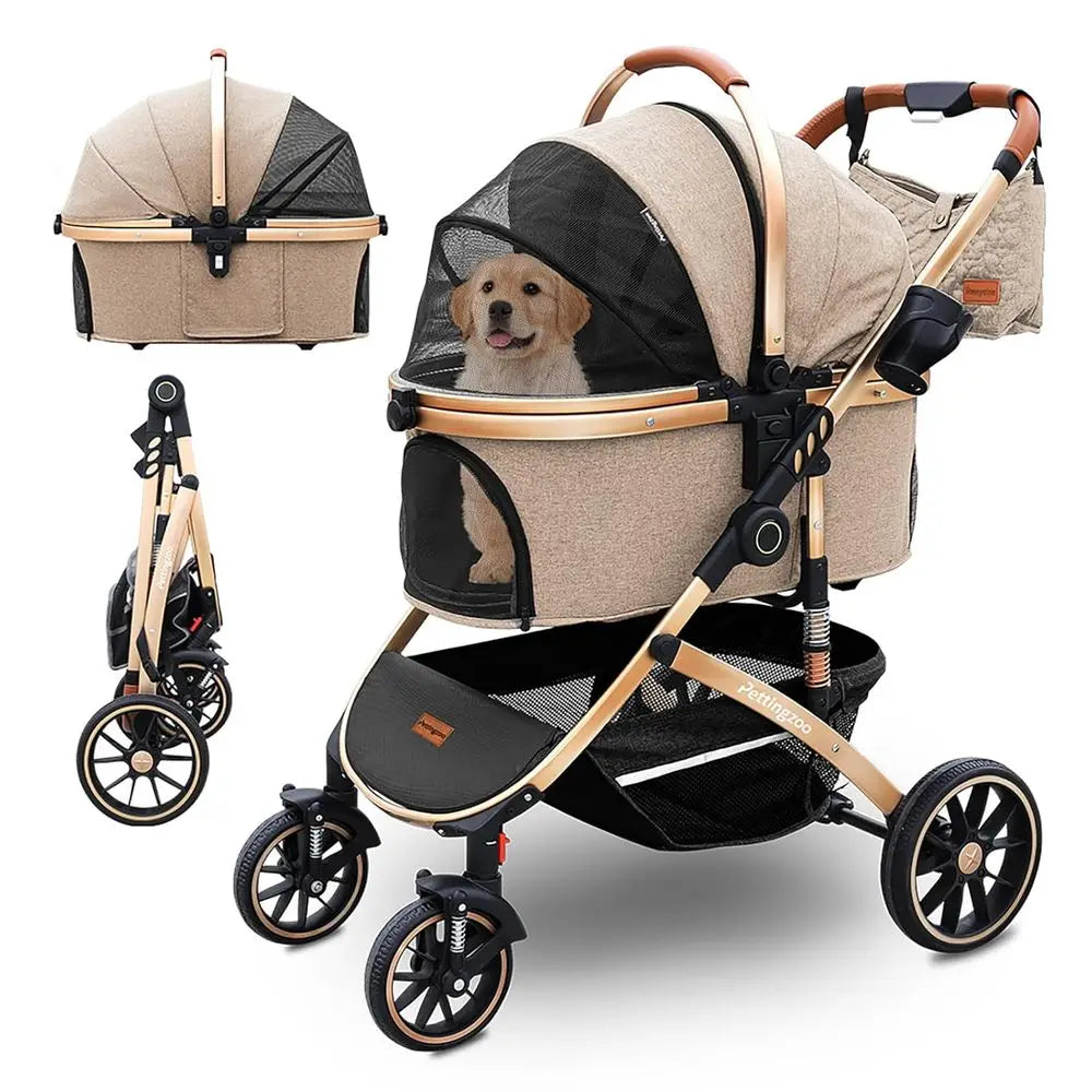 Dog Stroller with 4 Wheels, Folding for Small/Medium/Large Dogs & Cats to 60 lbs, Pet Stroller with Removable Carrier, Storage B