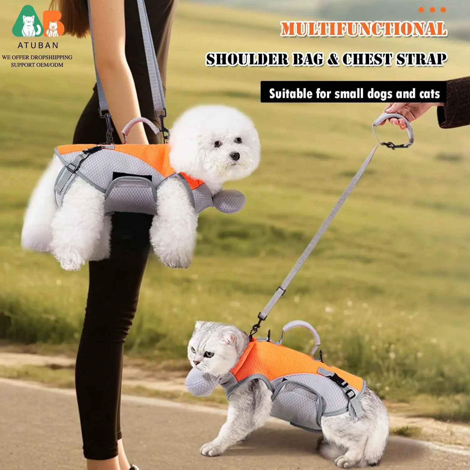 ATUBAN 2 in 1 Cat Shoulder Carrier, Outdoor Small Dog Harness and Leash, Cats Sling Carrier Bag, Breathable Pet Travel Carriers