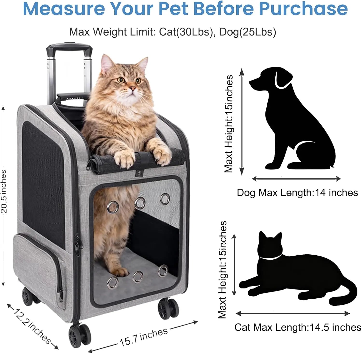 Extra Large Pet Carrier Backpack with Wheels for Cats Dogs Puppies Rabbits Under 30 Lbs, Ideal for Travel Hiking Outdoor Use