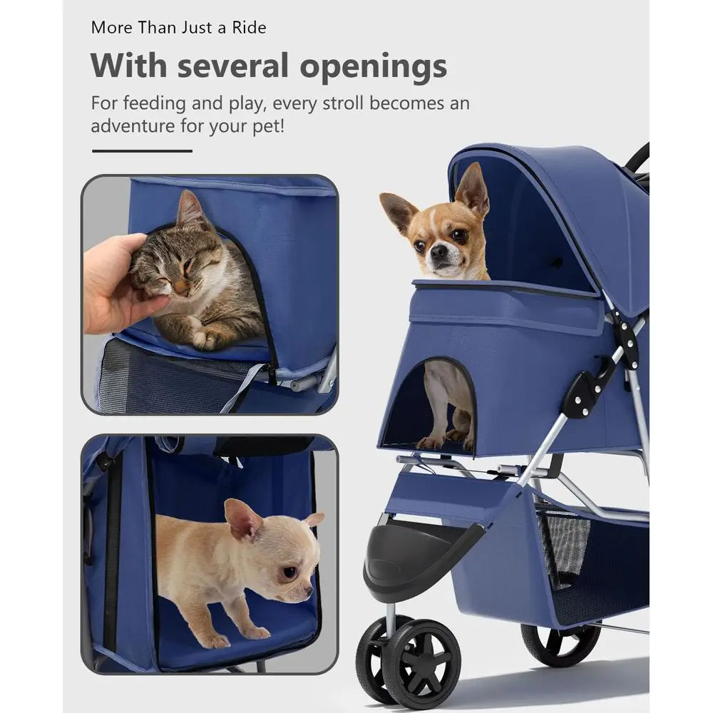 3-Wheel Pet Stroller for Small/Medium Dogs & Cats, Portable Travel Carrier, Rear Brakes, Storage Basket, Mesh Cover, Navy Blue