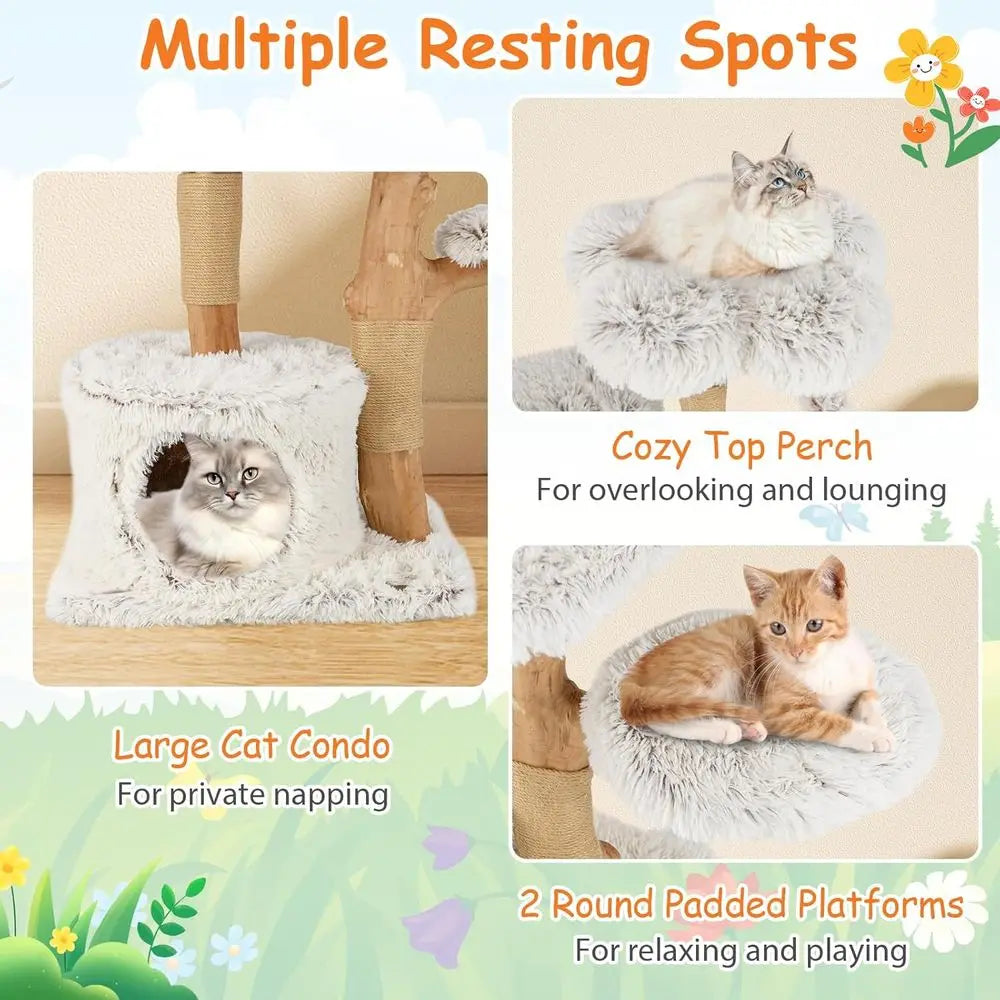 Tangkula Modern Cat Tree, 53 Inch Tall Natural Branch Wooden Cat Tower with Jute Scratching Posts, Plush Perch, Condo, Aesthetic