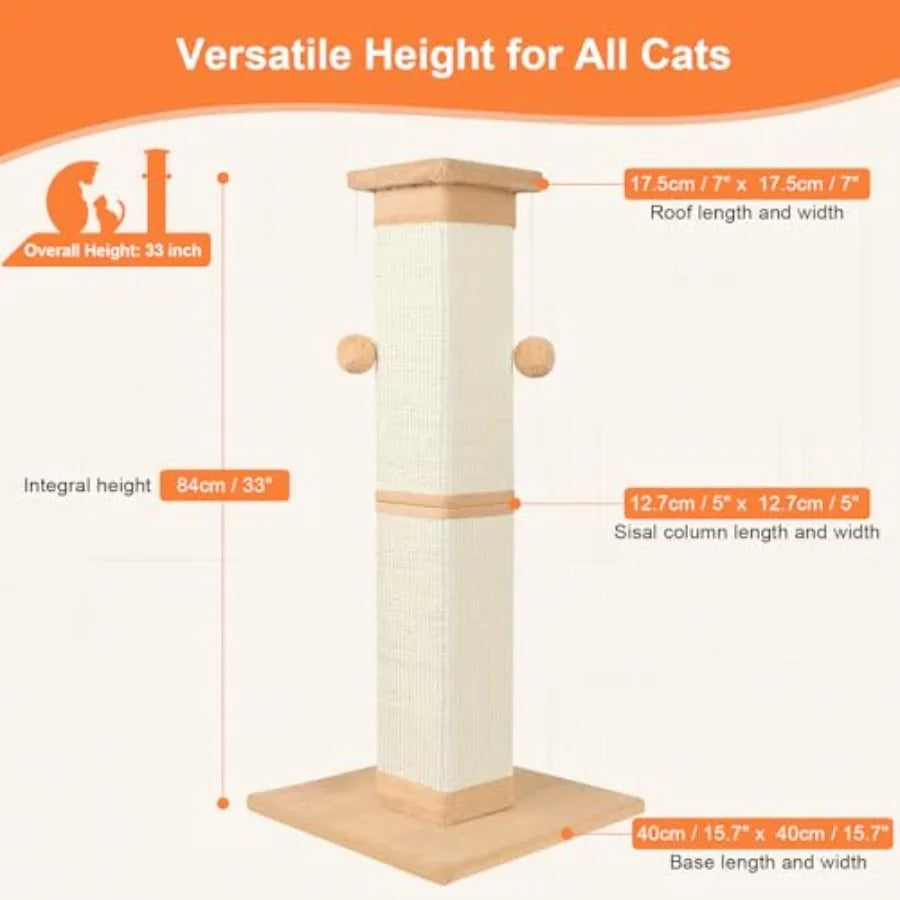 Cat Scratching Post 33 Inch Nature Sisal Cat Scratch Post for Indoor Cats Large Cat Scratcher Protect Your Furniture Orange