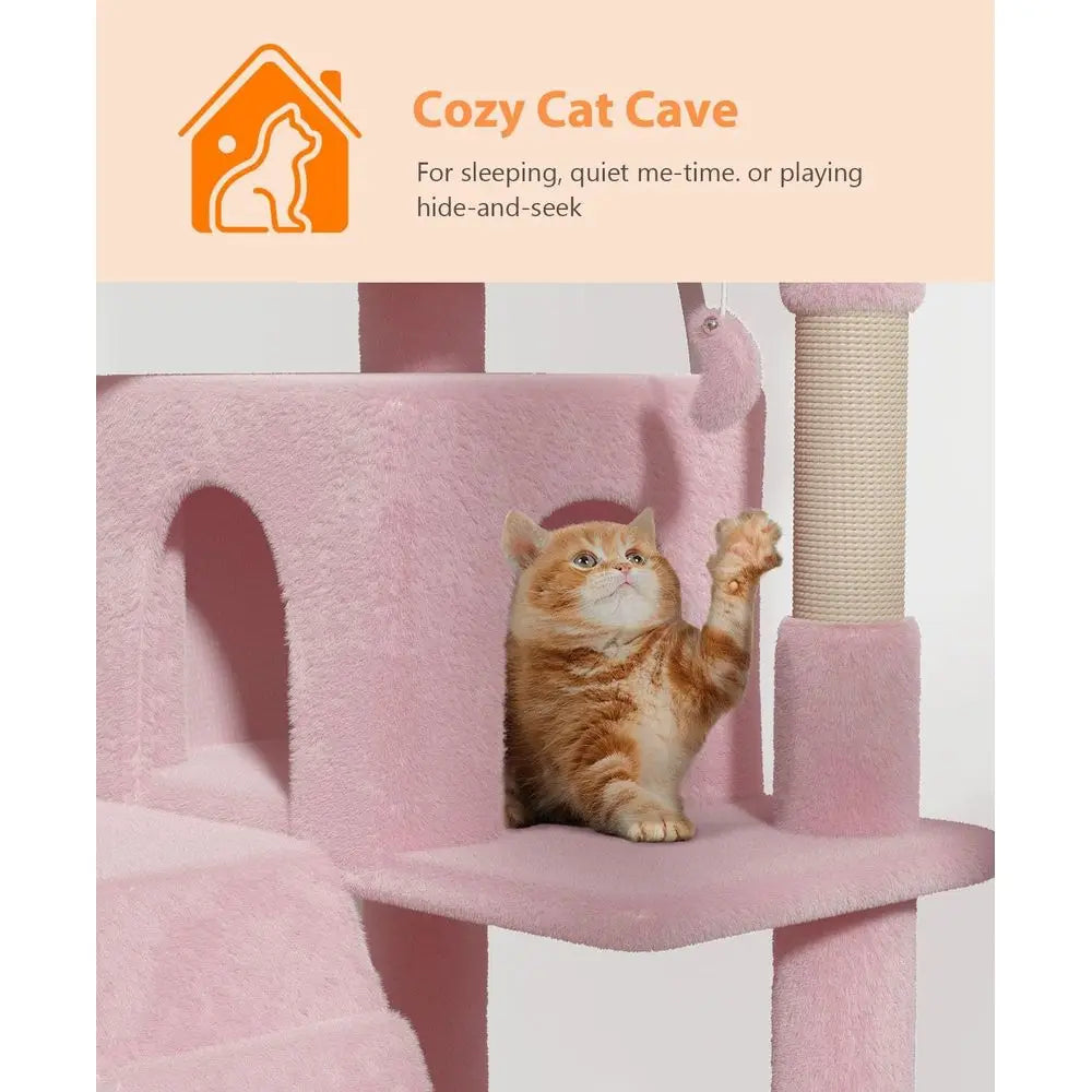 Large Indoor Cat Tree Tower for Adult Cats, 60 Tall, Plush Multi-Level Condo with Scratching Posts and Dangling Toys, Soft Pink