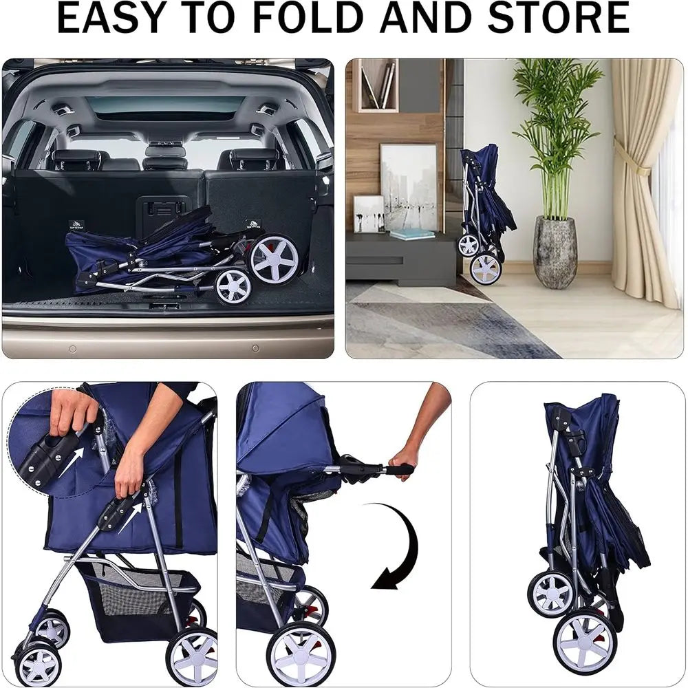4-Wheel Multifunction Dog Cat Stroller, Portable Travel Stroller with Detachable Carrier, Suitable for Small Dogs and Cats, Blue