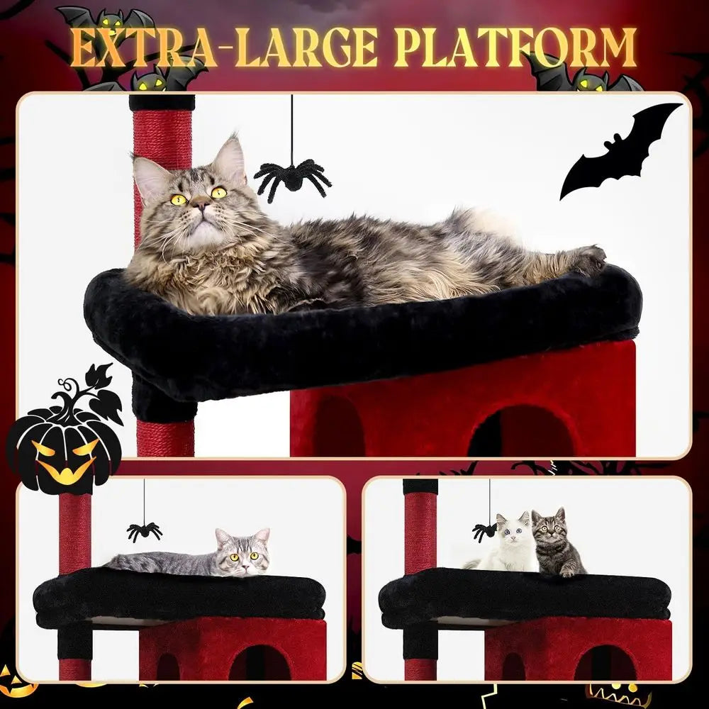 72 Large Gothic-Style Cat Tower for Heavy Cats, 20 lbs+, with Coin Bed, 6 Scratching Posts, Hammock, Black & Red