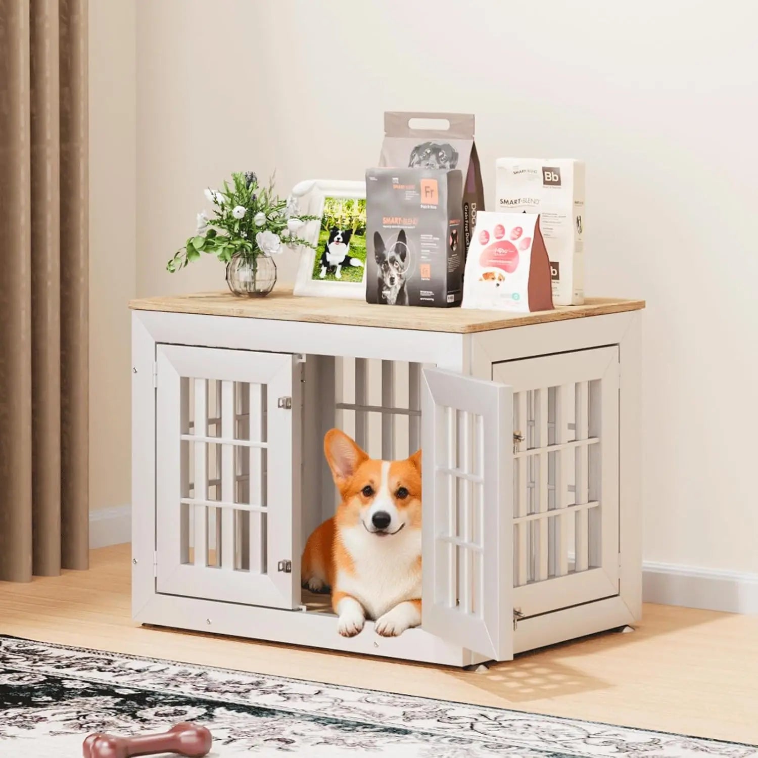 32" Heavy Duty Dog Crate Furniture for Small, Medium, Large Dogs, Rustic Wooden Kennel with Waterproof Top
