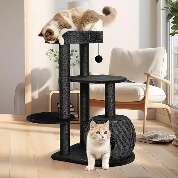 Modern Indoor Cat Tree, 39-Inch Tall Cat Condo with Natural Sisal Scratching Posts and Hand-Woven Tower