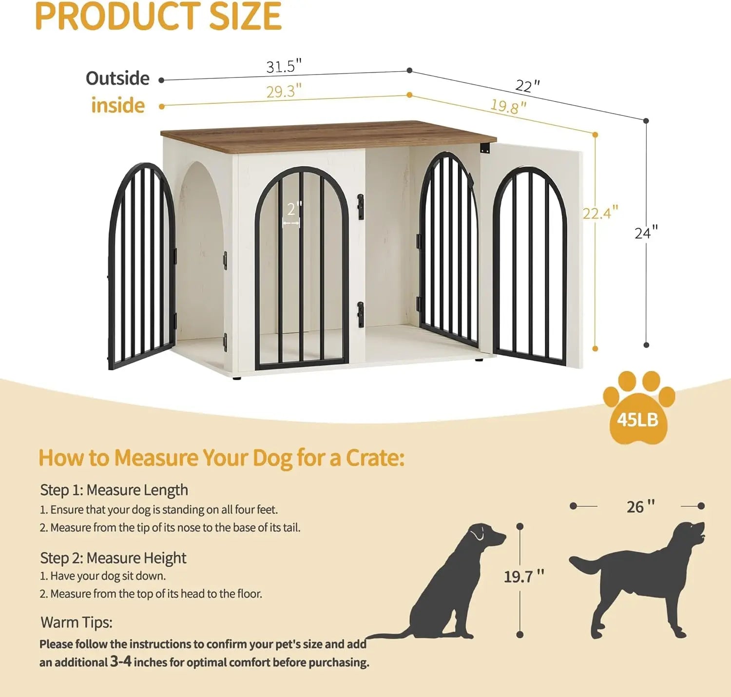 31.5'' Wooden Dog Crate Furniture, Indoor Kennel for Small/Medium Dogs, Heavy Duty Pet Cage with TV Stand Function