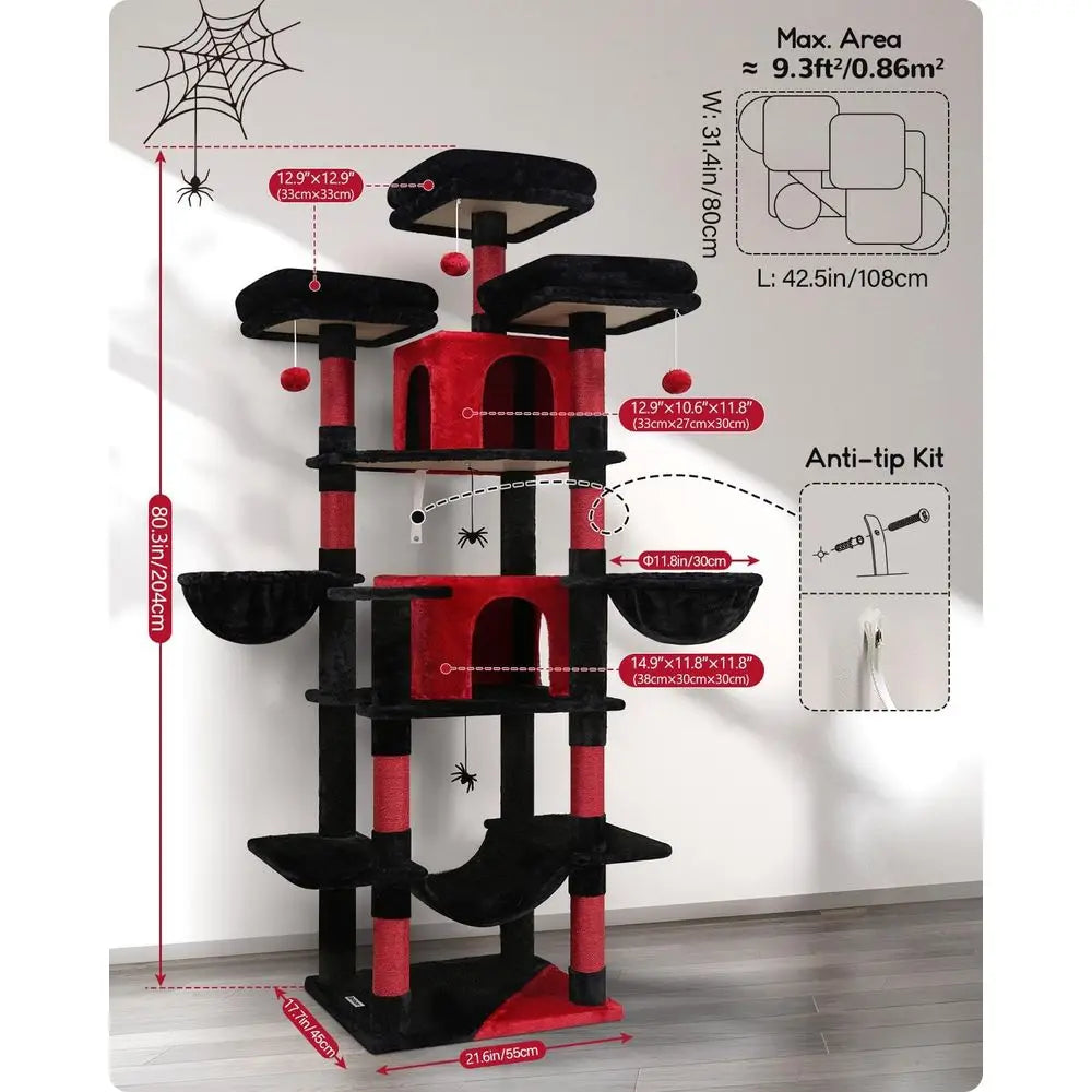 80-Inch Large Cat Tower for Multiple Adult Cats: Scratching Post, Hammock, Perches, Condos, Hanging Baskets, Black Red