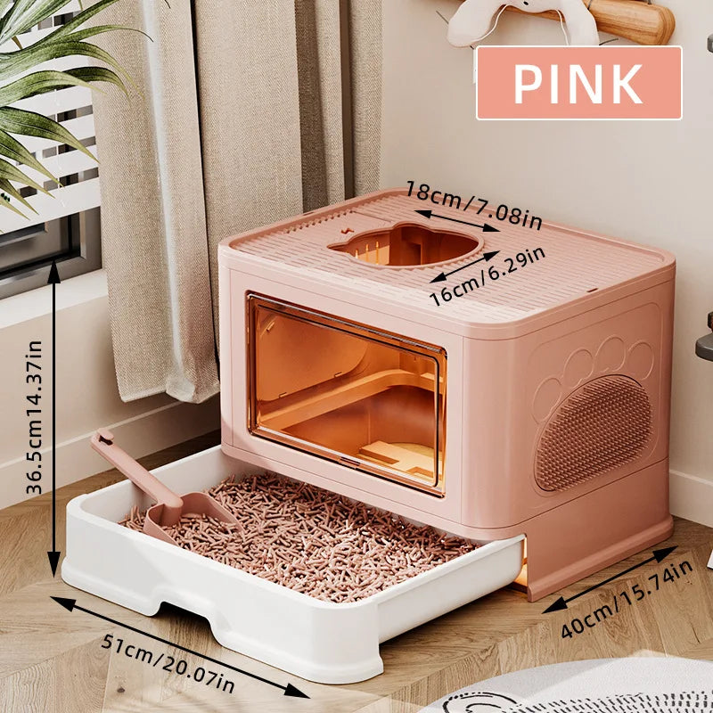 Large Fully Cat Litter Box Enclosed  Drawer Style Splash Proof Easy Clean Cat Toilet Odor Control Cat Kibble Dispenser Shovel