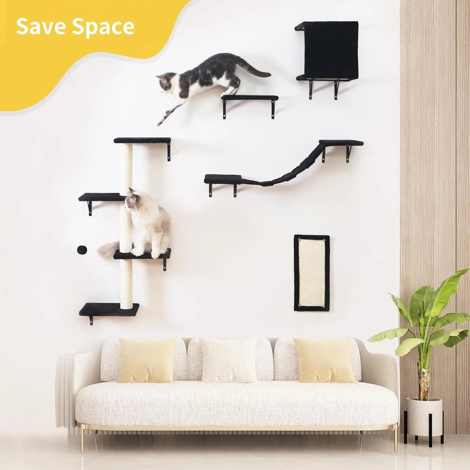 Wall-Mounted Cat Furniture Set - 5pcs Shelves with House, Bridge, Tree, Steps & Scratcher in Black
