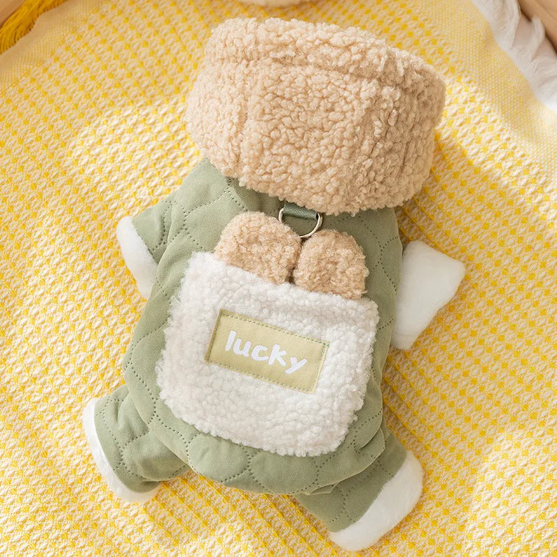 Autumn and Winter Dog Clothes Thickened Warm Quilted Cotton Pocket Leash Cat Pet Four-Legged Cotton Coat