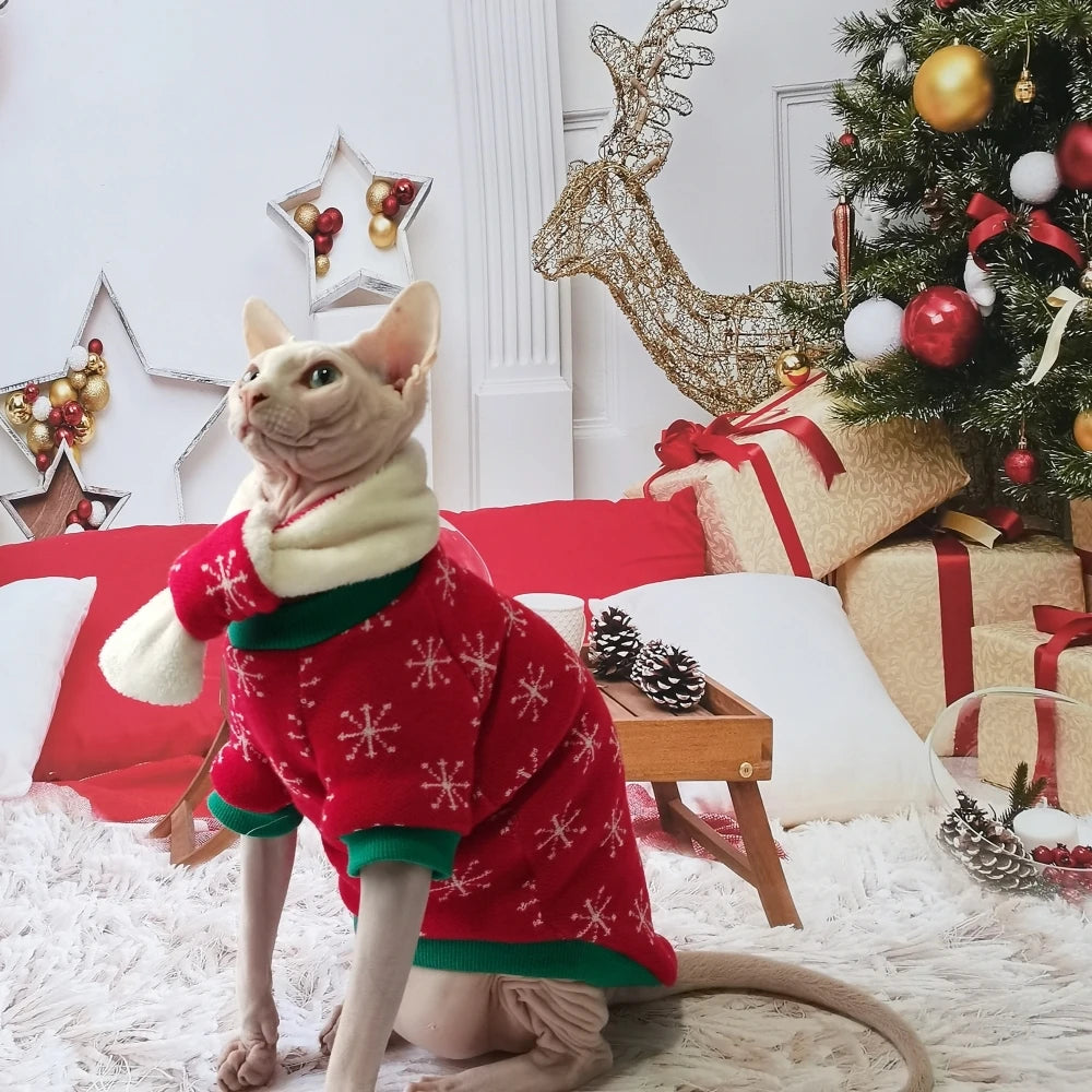 New Christmas Snow Suit Clothes for Sphynx Cat Warm Sweater for Hairless Cat Winter Coat Fleece Jacket for Devon Rex Pet Product