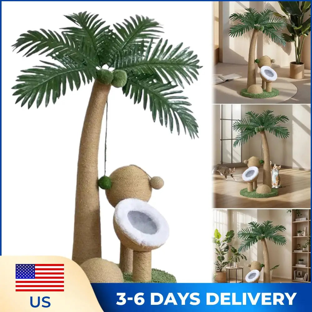 Coconut Tree Cat Scratching Post Interactive Cat Claw Sharpener 28 Inch Natural Sisal Rope Cat Tree for Indoor Cats