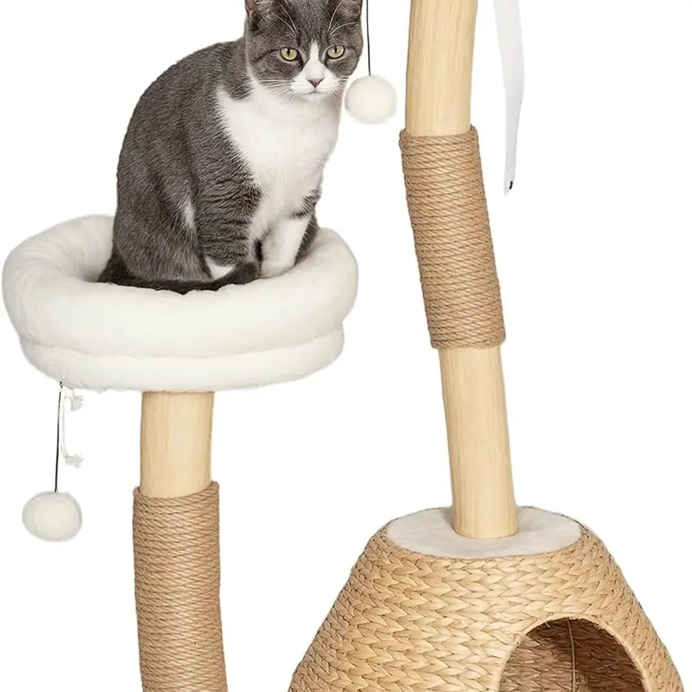 PawHut Cat Tree for Indoor Cats, 41" Wooden Kitten Tower with 2 Real Branch Scratching Posts, Luxury Condo, Beds & Toby Balls, K