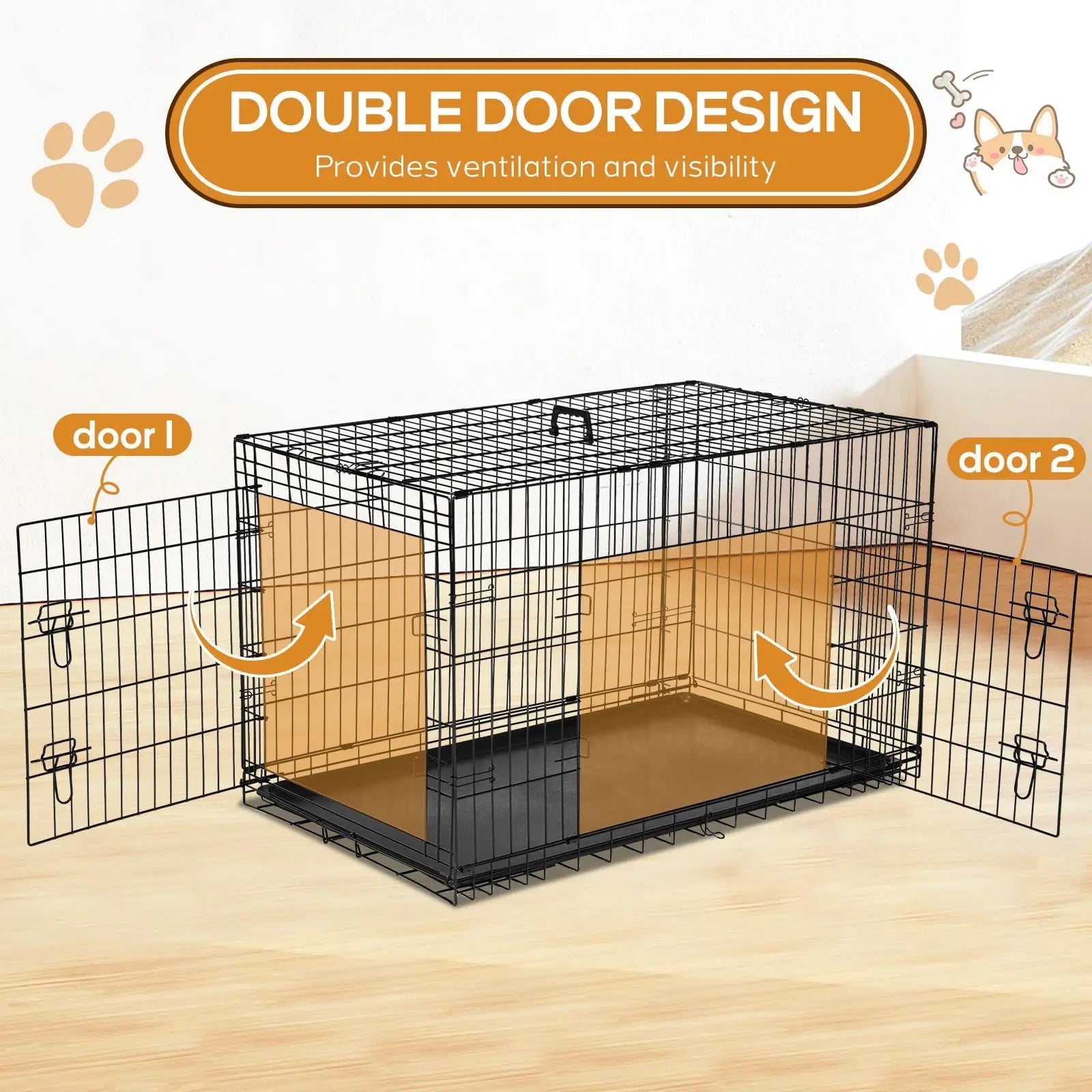 Dog Crate Medium 36 Inch Double Door Portable Metal Wire Pet Kennel Secure Lock Leak Proof Pan Tray Foldable