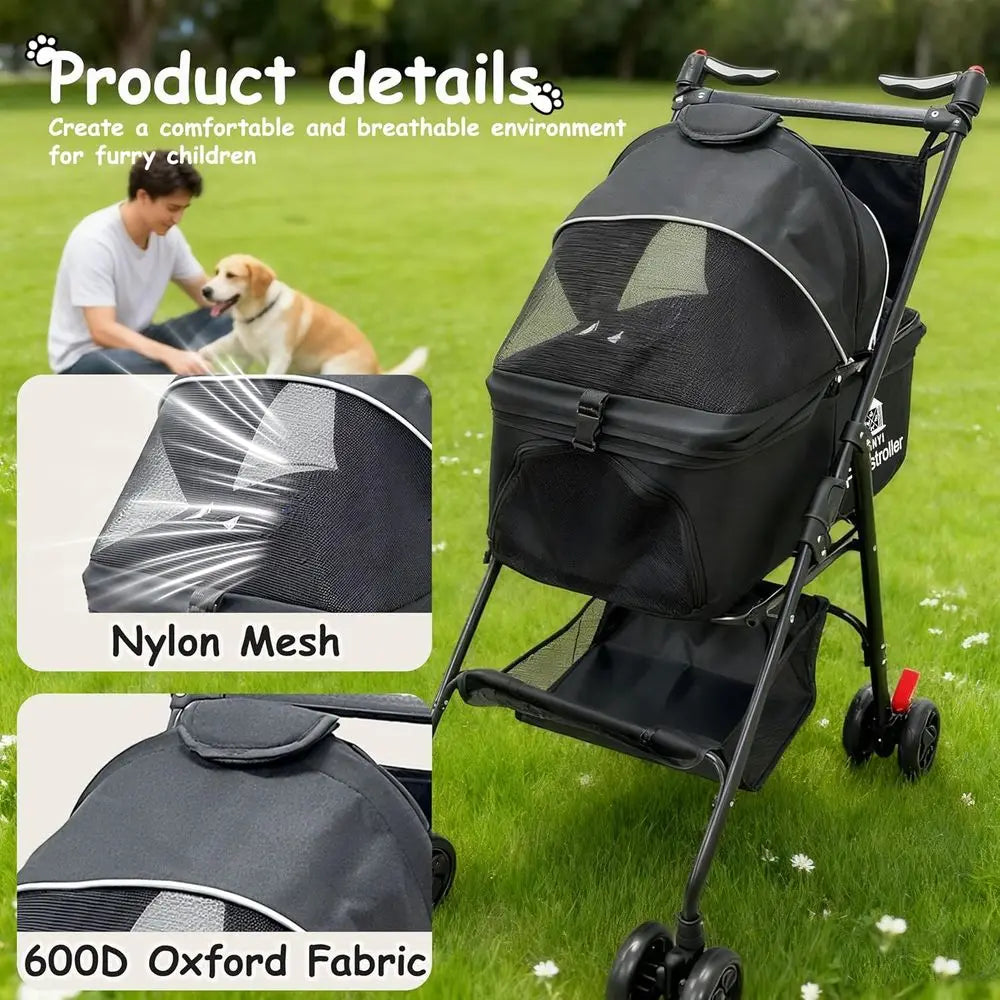 Large Pet Stroller for Cats & Dogs, Weather-Covered, Suitable for Various Pet Sizes, Outdoor Travel Cart