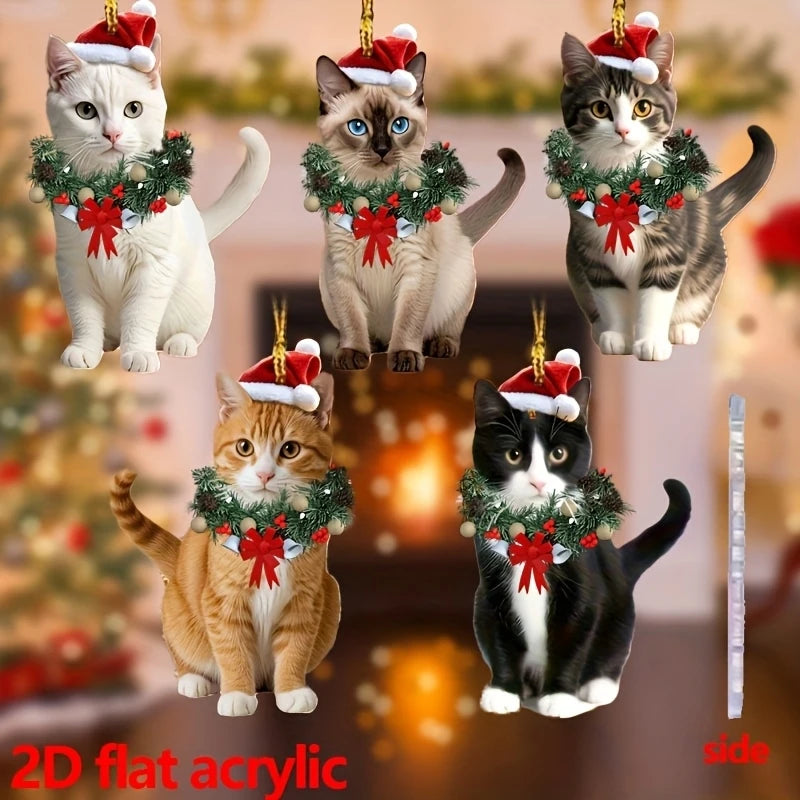 5 Pcs Acrylic 2D Cat Christmas Wreath Set Colorful Hanging Ornaments for Christmas Tree Decoration Cat Lovers 2026 New Year Gift