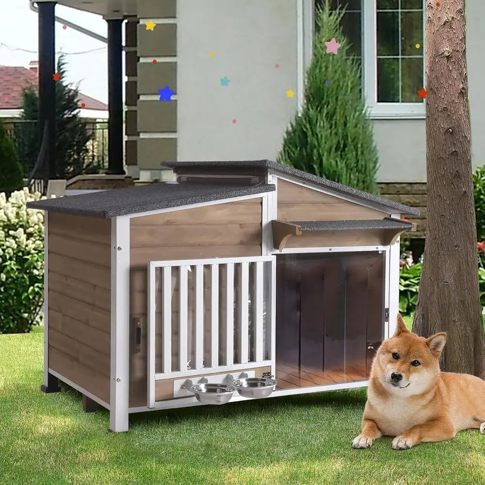 Dog House Outdoor or Large Breed with Anti-Chewing Iron e, Weatherproo Puppy Kennel with 360° Rotating Bowls, Dog Crate or Small