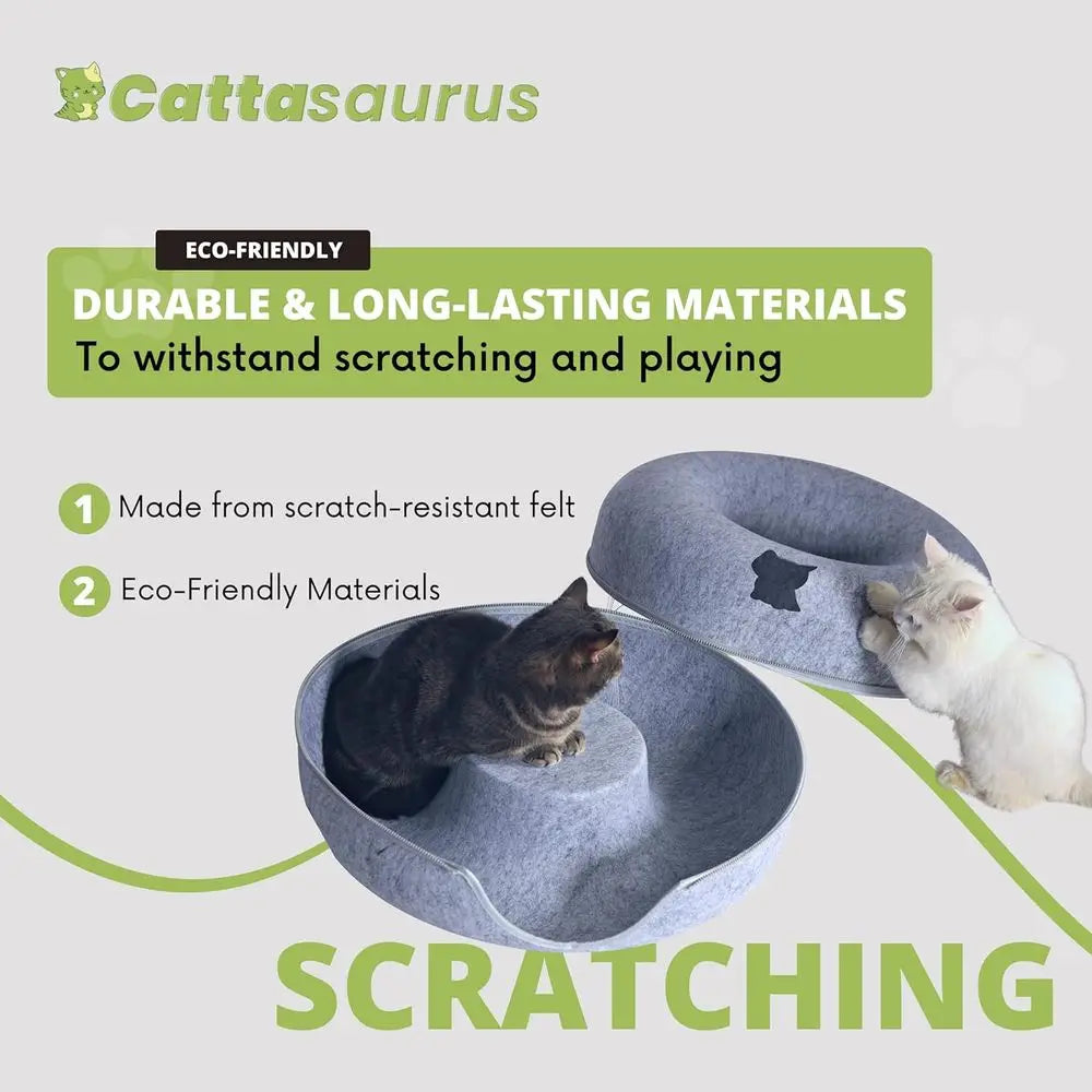 3-in-1 Large Cat Cave Bed with Tunnel & Scratcher, Washable for Cats up to 45 lbs (Light Gray)