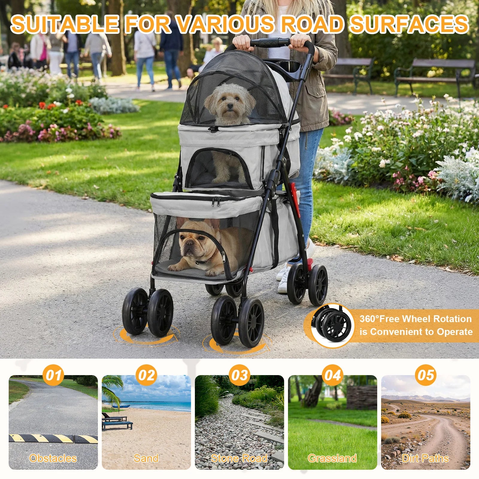 Double Layer Folding Pet Stroller Detachable Carrier Travel Carriage for Medium Small Dogs Cats Kittens Puppies Strolling Cart
