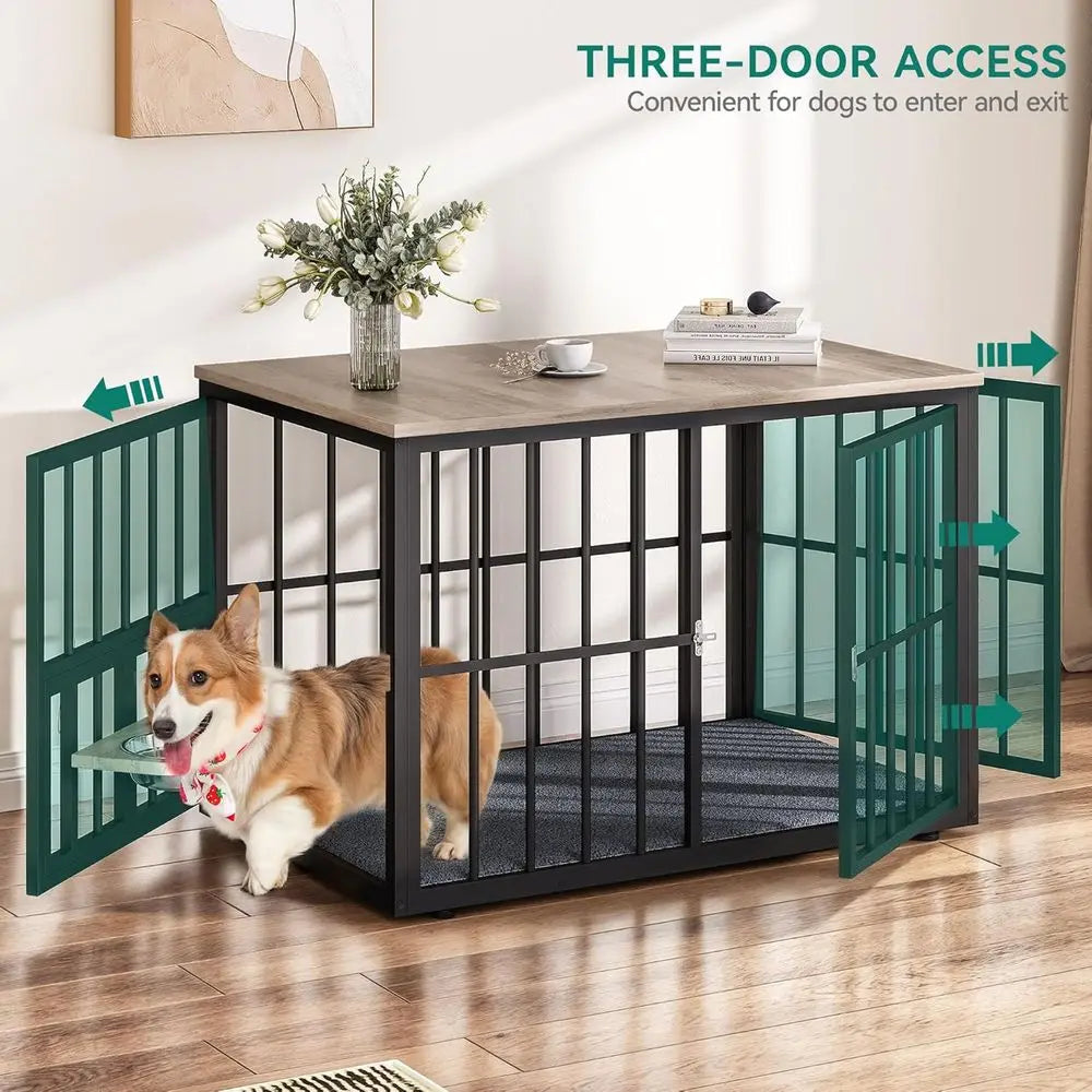 88.6" Double Dog Crate urniture, Wooden Dog Kennel with Bowls & 3 Do, Large Double Crate urniture TV Stand, Grey