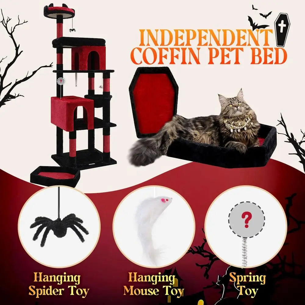 Sturdy 72 Gothic Cat Tower for Large Cats, Coffin Bed, 6 Scratching Posts, Hammock, Black & Red