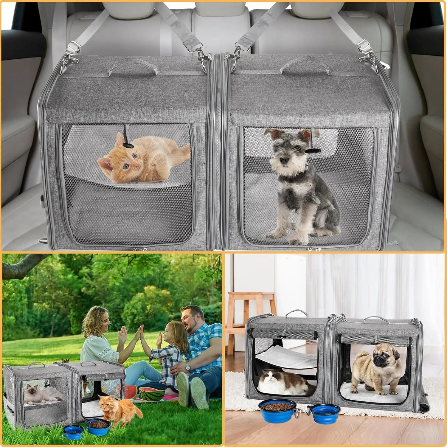 Large Double Cat Carrier with Travel Litter Box, Soft Pet Carrier for Cats and Small Dogs Up to 45 Lbs, Gray