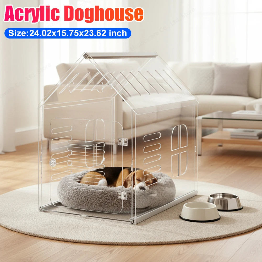 Transparent Acrylic Pet Crate Lockable Ventilated Modern Dog Kennel House Furniture for Small Medium Dogs 24.02x15.75x23.62inch