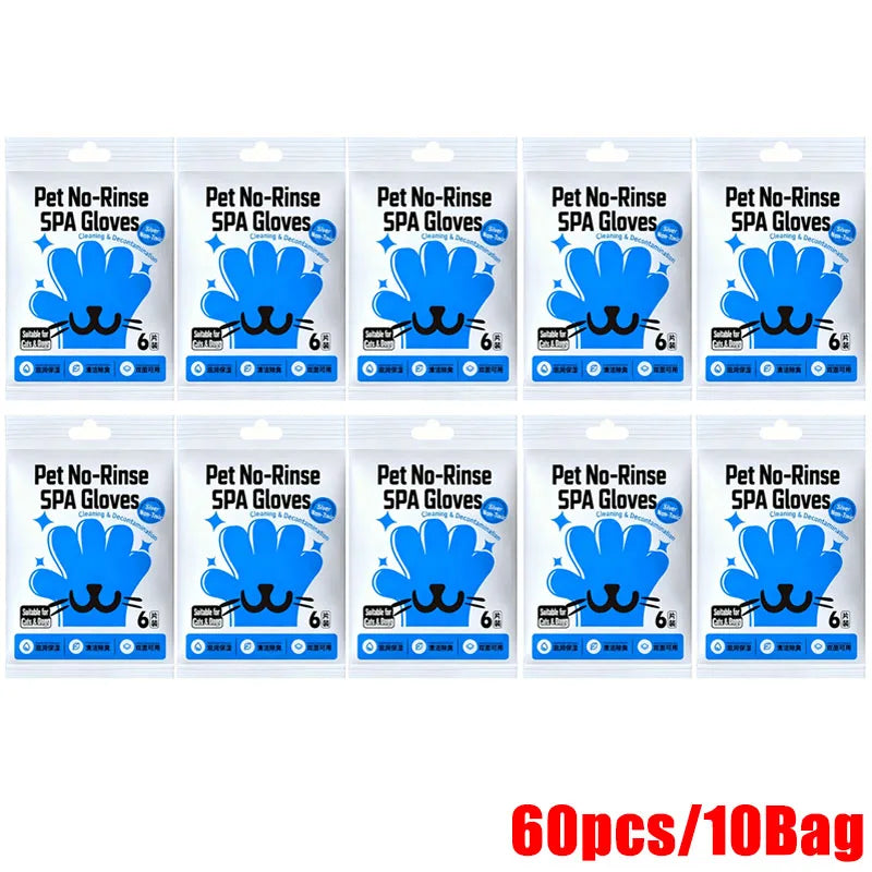 60pcs Cat Dog Disposable Glove Towels Pet Wash Free Glove No Rinse Washing Gloves Towels Deodorizing Dry Cleaning Wet Towels