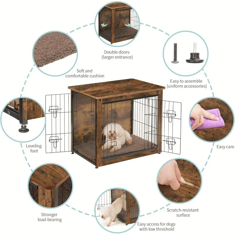 Rustic Wooden Dog Crate Furniture with Cushion, Double Door Kennel Table, Suitable for Small to Extra Large Dogs, 27.2 Length