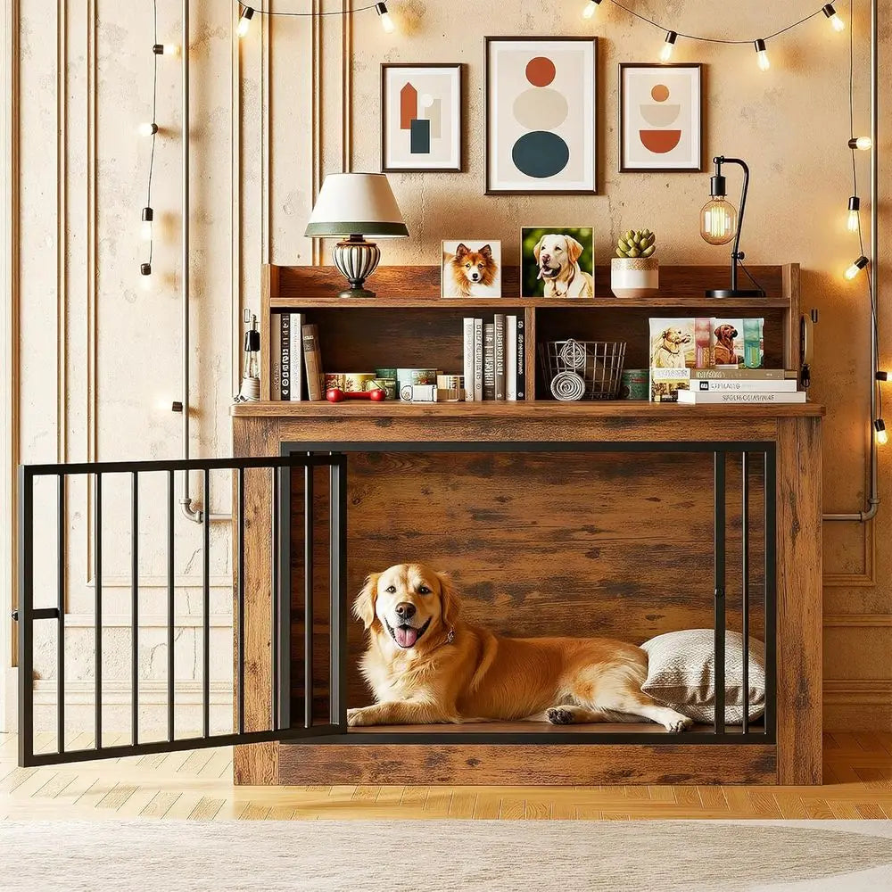 Large Wooden Dog Crate with Storage and Hooks, Heavy Duty for Large Dogs, Decorative Indoor Cage (30L x 43.3W x 41.1H)