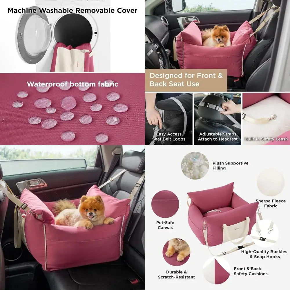 Compact Dog Car Seat with Waterproof Cover, Storage Pockets, Safety Leash, and Memory Foam Padding in Rose Red
