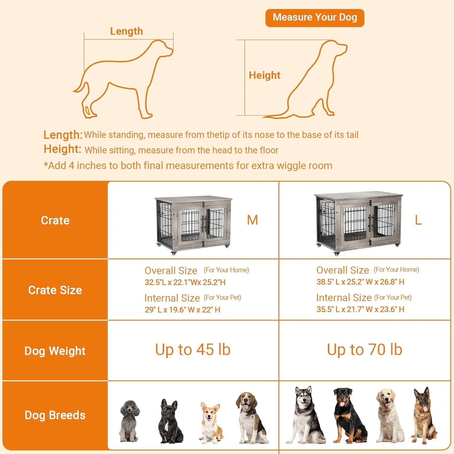 32in Wooden Dog Crate Furniture with Cushion & Wheels Double Doors Indoor Kennel End Table, Customized