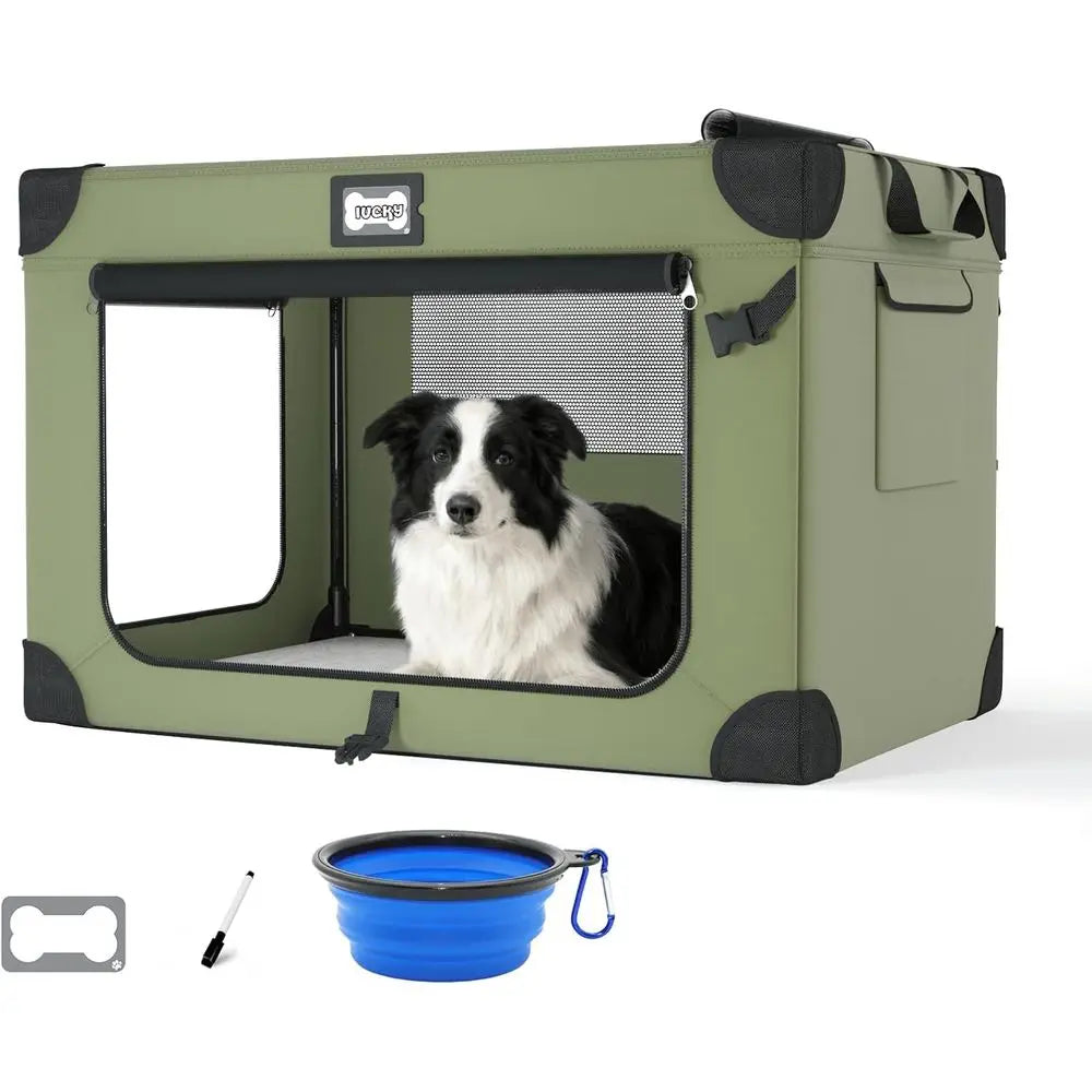 Collapsible 36 Dog Crate with 3-Door Mesh, Warm Blanket, and Removable Bowl - Portable Indoor/Outdoor Travel Kennel, Green