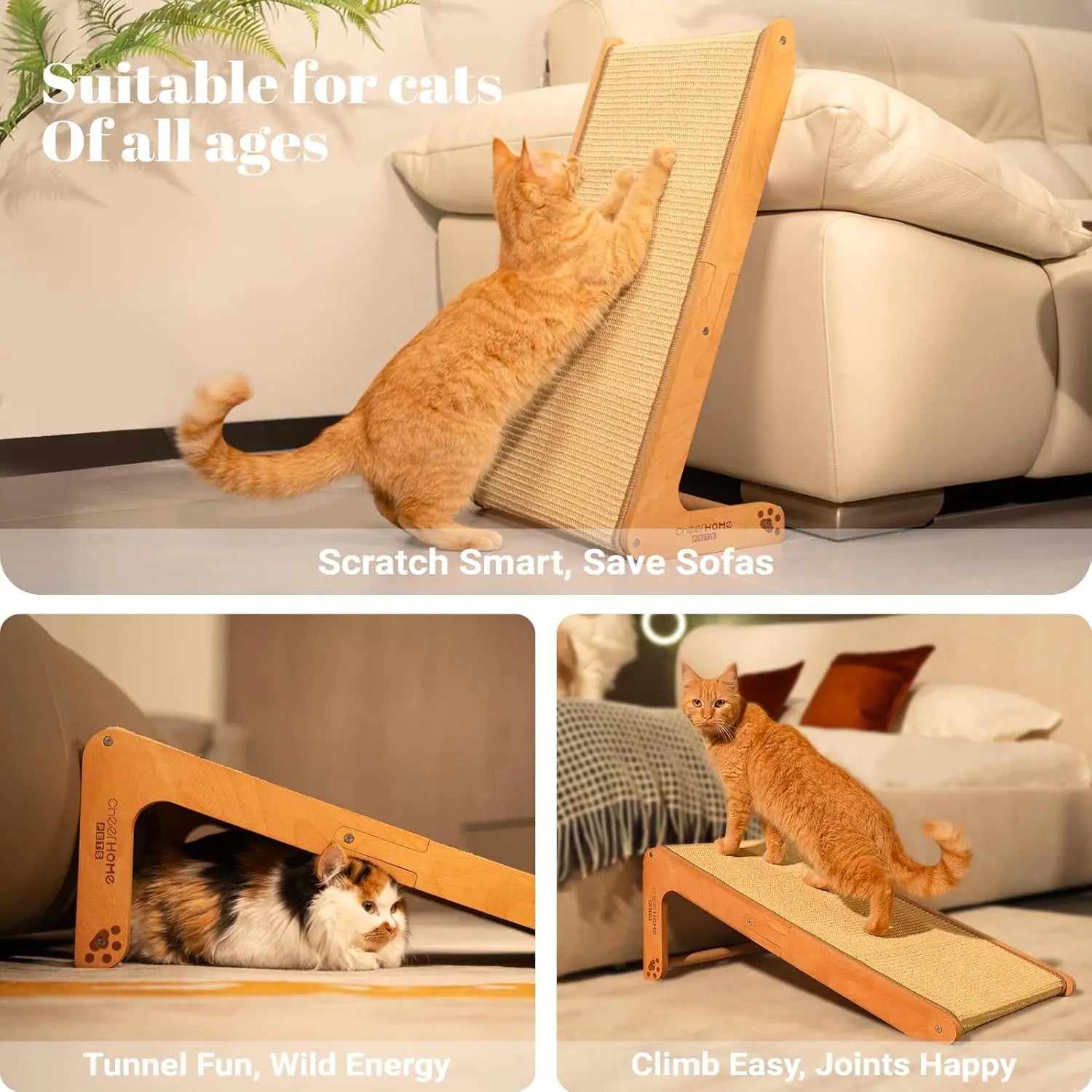 Sisal Cat Scratcher Ramp, 24.8' L-Shaped Climbing Scratching Post, Wooden Cat Furniture (Medium)