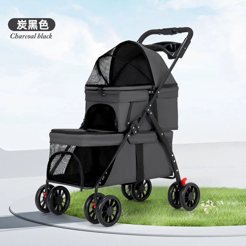 Double Pet Stroller Foldable Stroller for 2 Dogs Cats Two-Seater Carrier Twin Dog Walk Jogger Travel Carriage with Cup Storage