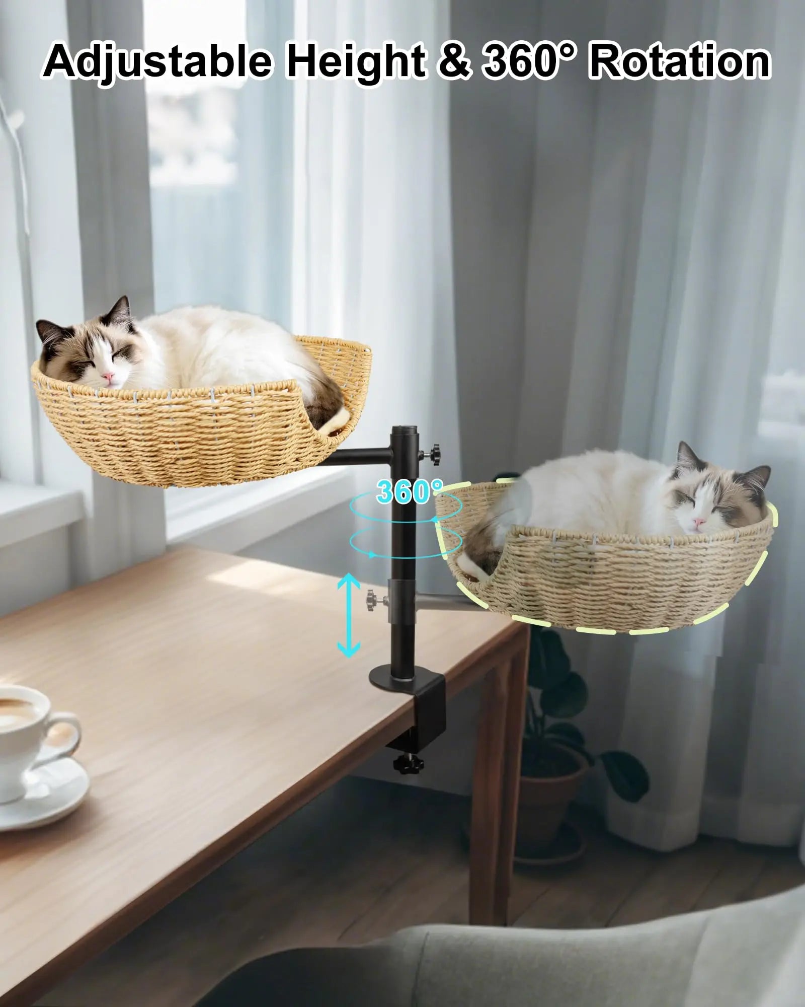Desktop Rotating Cat Nest Adjustable Height Easy To Install Cat Climbing Frame Integrated Pet Bowl