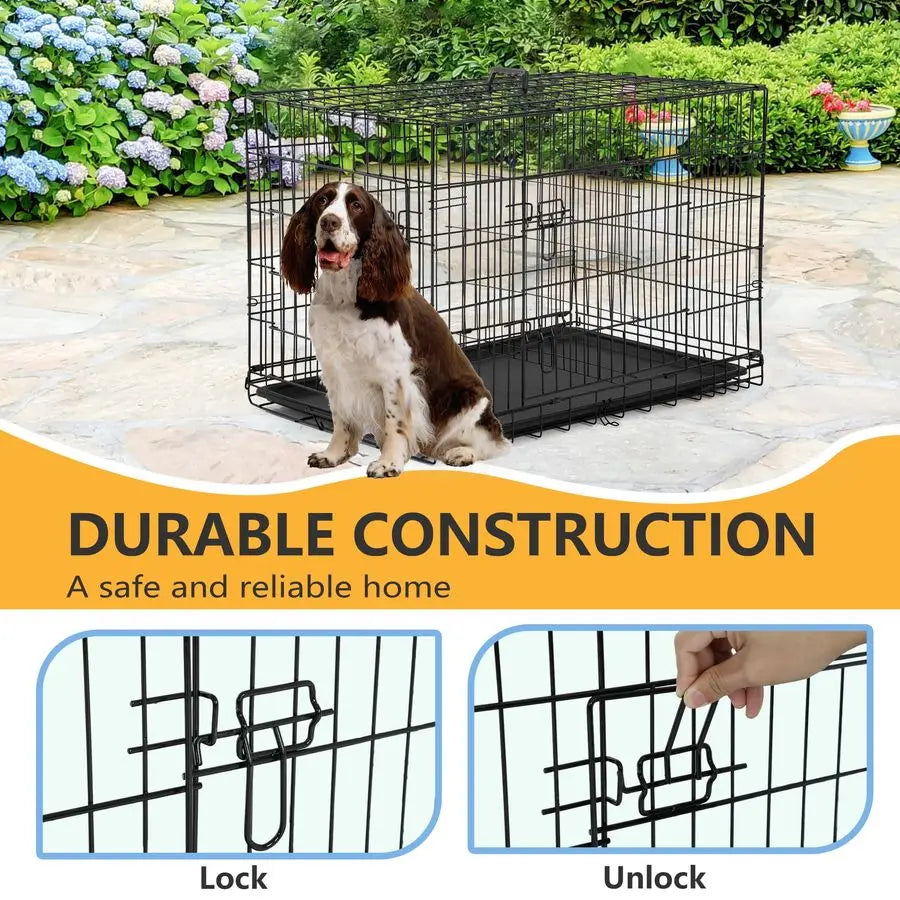 Dog Crate Dog Kennel Cage with Double Door,36 inch Folding Metal Wire Dog Cage with Removable TrayDivider Panel,Pet Crate for Me
