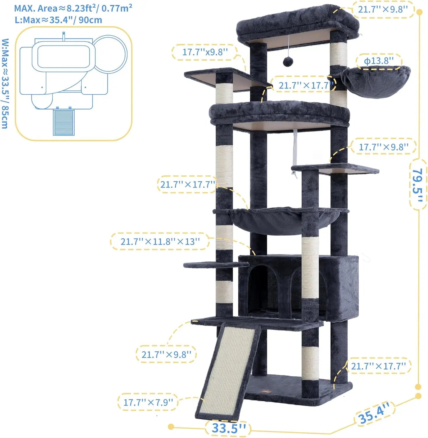 80-Inch Multi-Level Cat Tower for Large Indoor Cats with Spacious Perches, Scratching Board, and Caves in Smoky Gray
