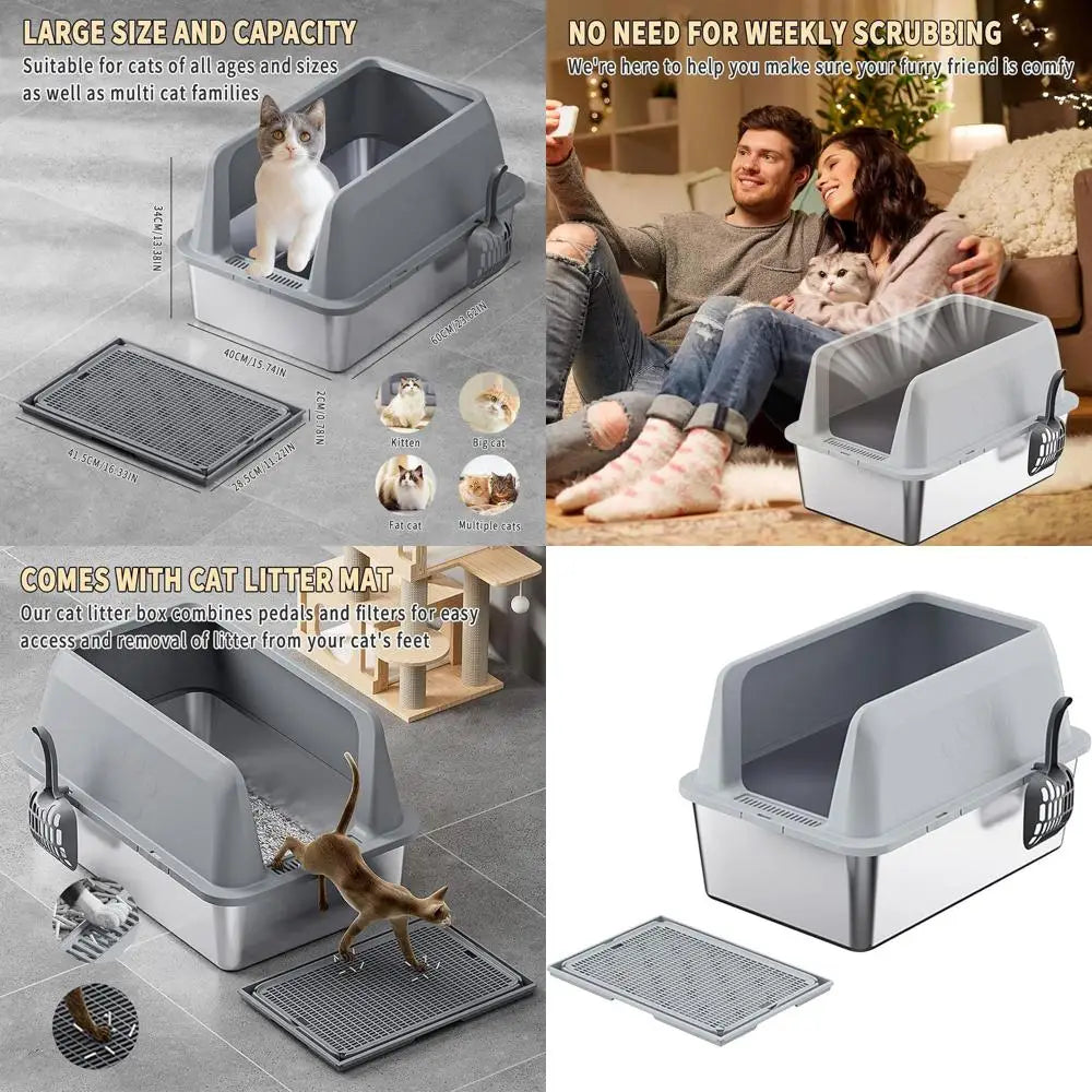 Large Stainless Steel Cat Litter Box with Litter Mat, 23.62x15.75x13.78, Odor-Controlled, Easy Clean, Pet Toilet with Shovel