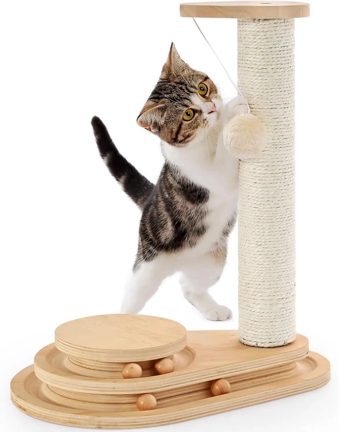 Made4Pets Cat Scratching Post 17.7" - Two-Layer Sisal, Ball Track & Dangling Toy - Interactive Kitten Scratcher for Indoor Cats