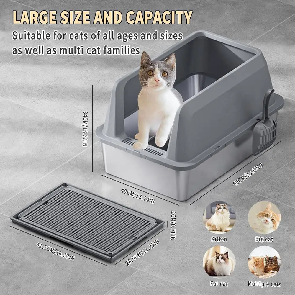 Large Stainless Steel Cat Litter Box with Litter Mat, 23.62x15.75x13.78, Odor-Controlled, Easy Clean, Pet Toilet with Shovel
