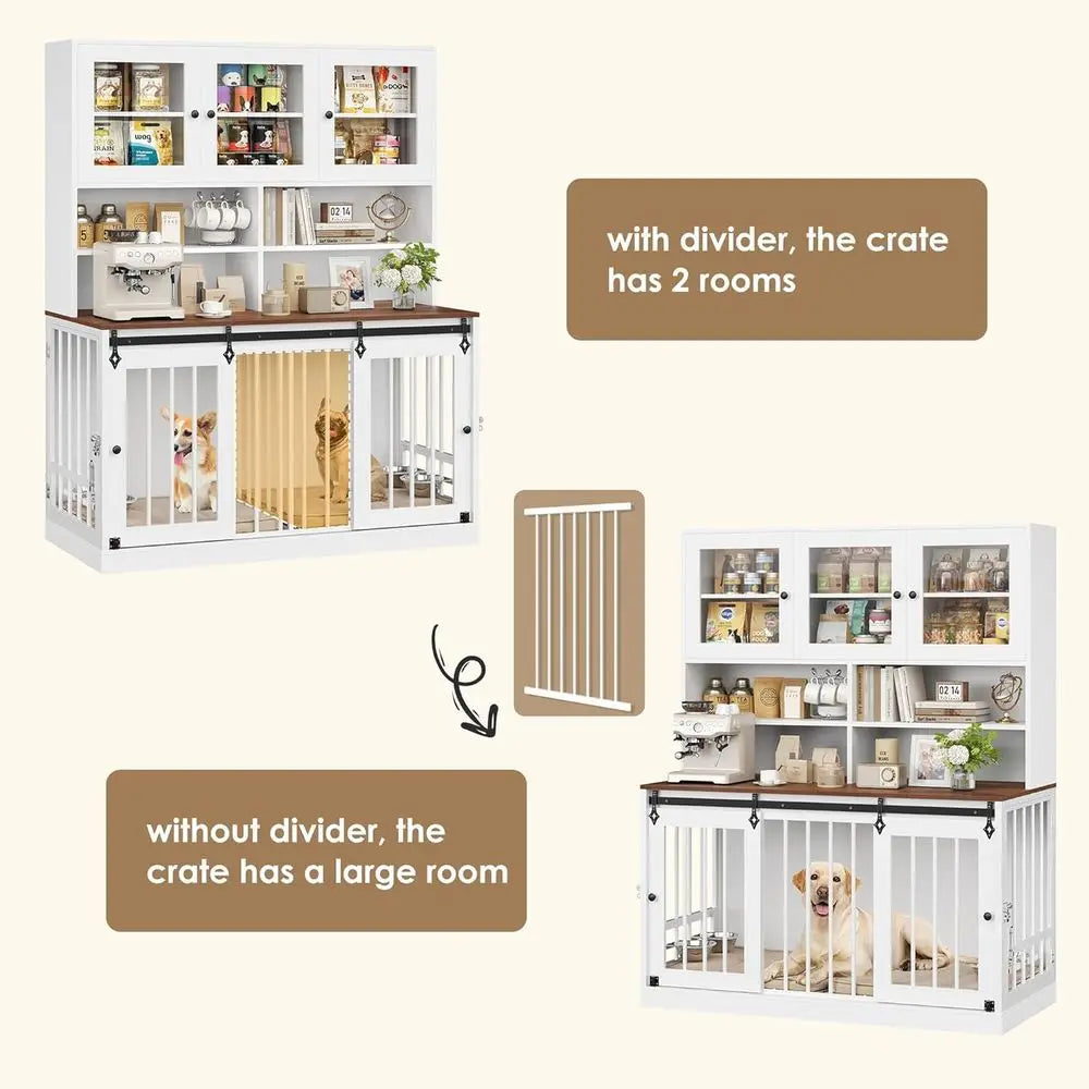 Large White Indoor Dog Crate with Hutch, Glass Door, Divider, and Feeding Bowls for Large Dogs or 2 Pets