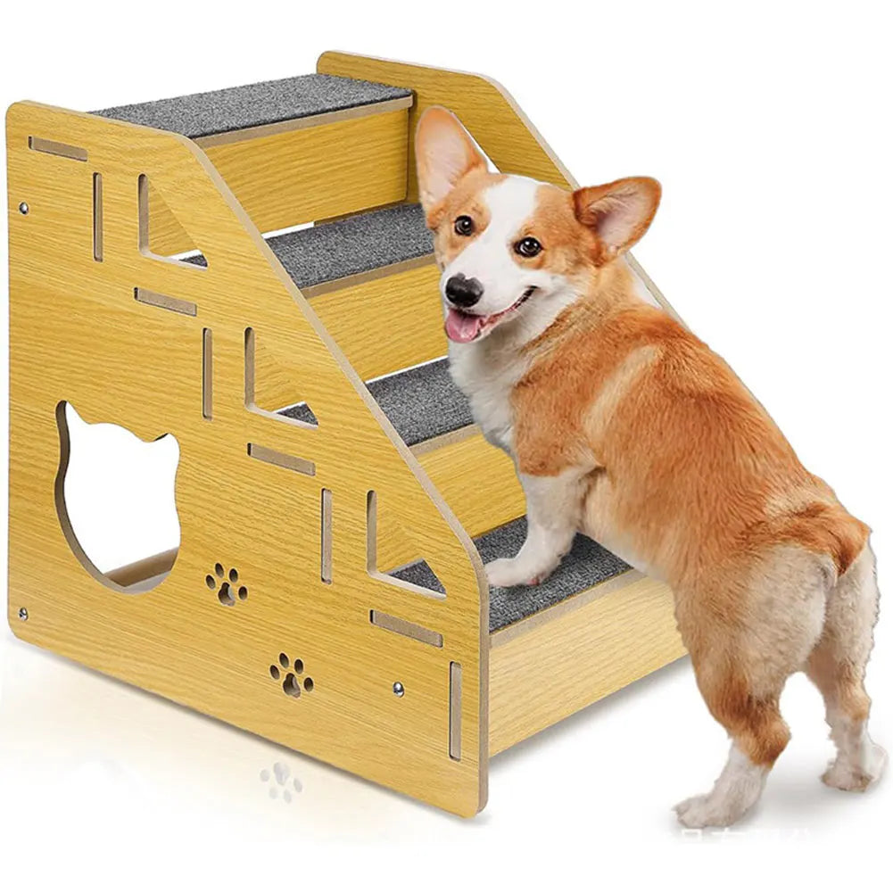 4-Step Wooden Pet Stairs Nonslip Carpeted Cat and Dog Steps Dog Stairs Ramp Pet Furniture for Dogs and Cats for Bed