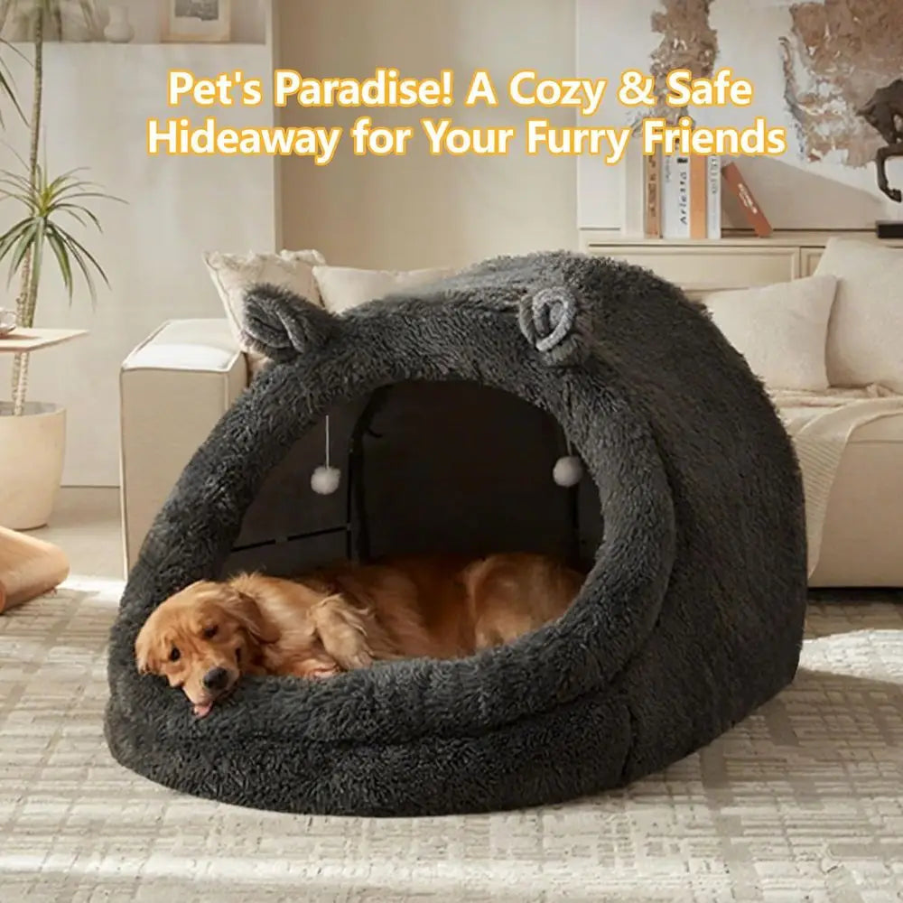 Extra Large 55x43x35 Gray Fluffy Canopy Pet Bed for Dogs, Cats & Humans, Removable Pillow & Blanket, Machine Washable, Cute Bunn