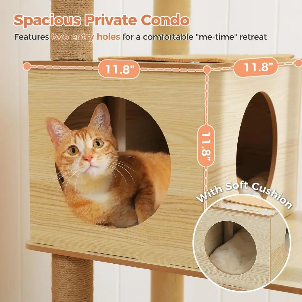 71" Tall Wood Cat Tree for Large Cats, Modern Cat Tower with 2 Acrylic Bowls, Large Top Perch, Spacious Cat Cave (Soft Cushion I