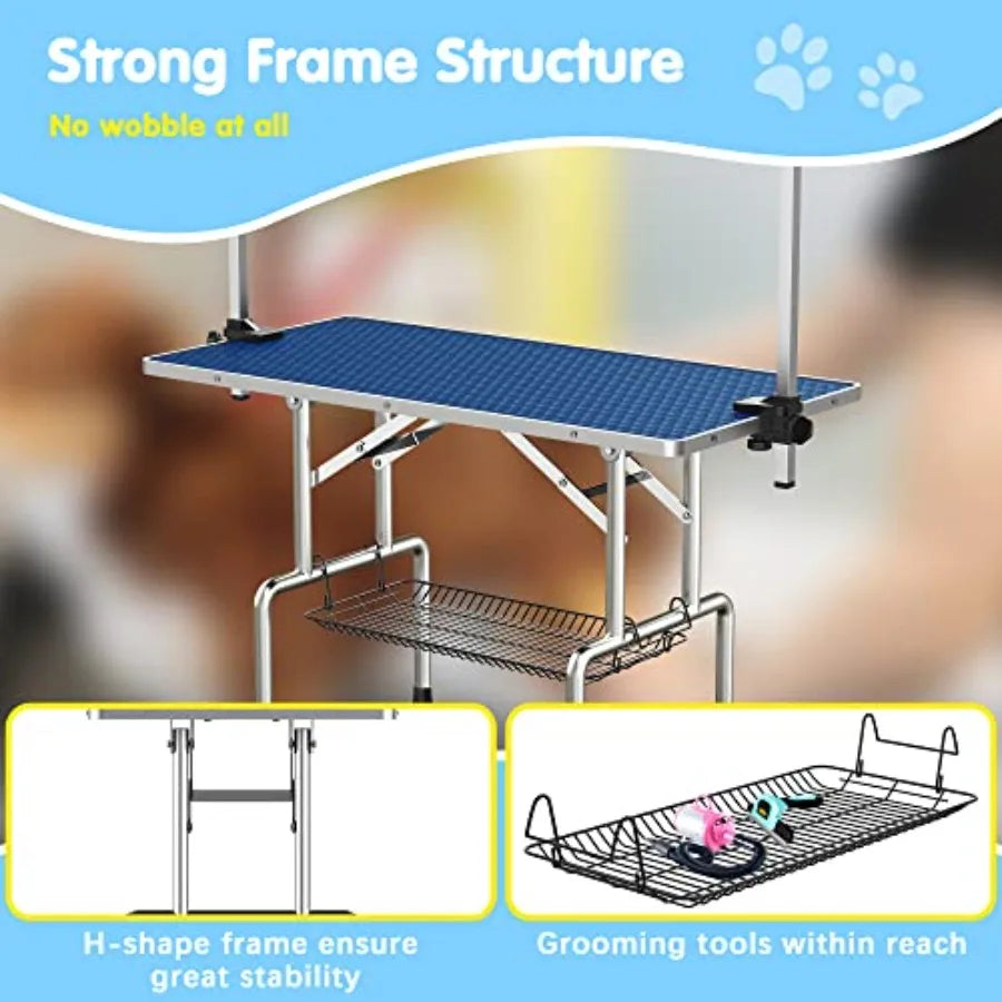 36''Large Dog Grooming Table Adjustable Cat Drying Desktop with Arms Nooses Mesh Tray Foldable Pet Station at Home Maximum Capa